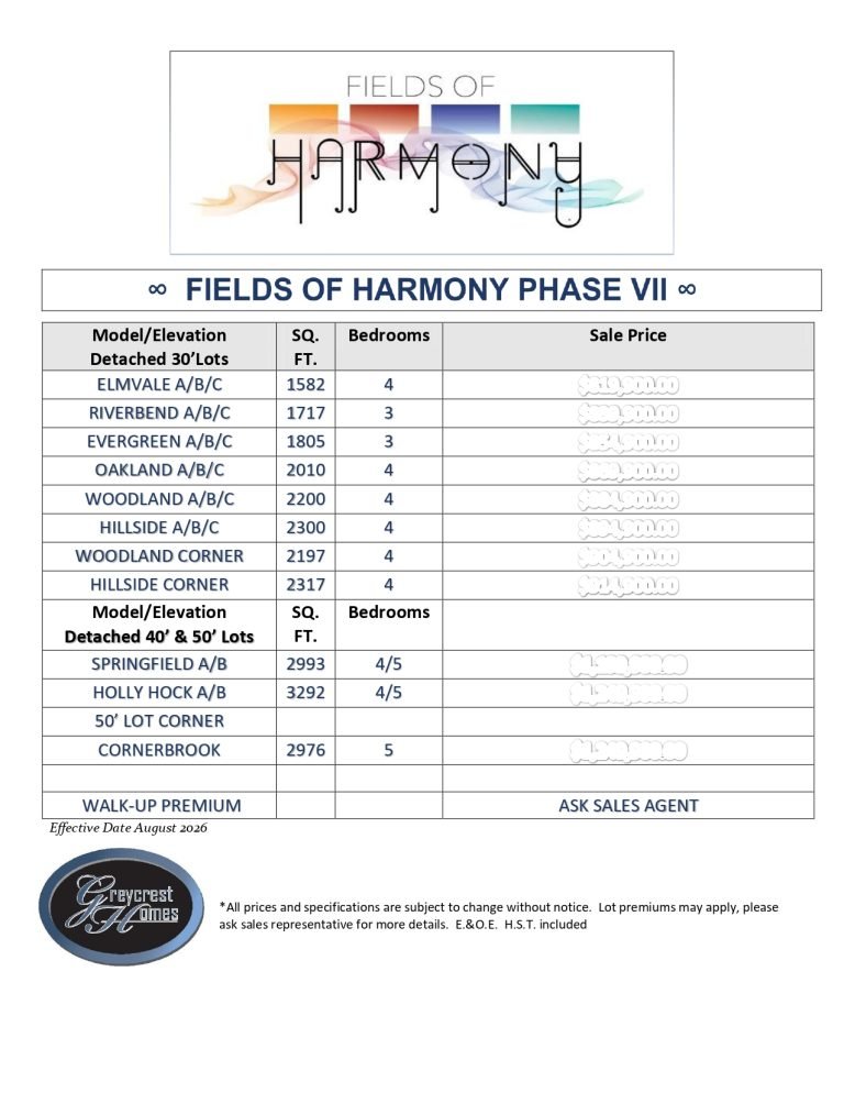 Fields of Harmony PRICE LIST